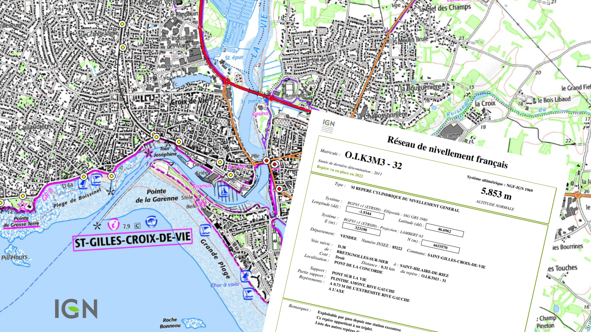 Extrait d'une fiche de repère de nivellement à Saint-Gilles-Croix-de-Vie par GÉONIVO